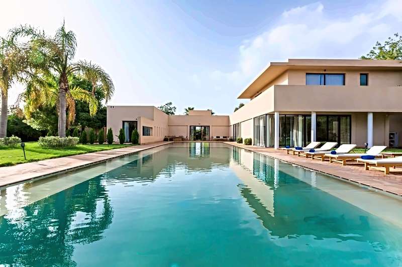 Long swimming pool with sun loungers, framed by palm trees and the modern villa, in daylight