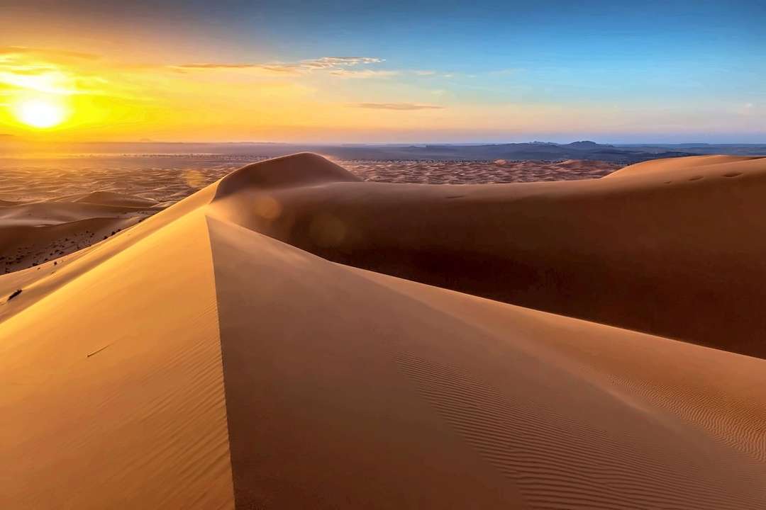 A crista de uma duna ao nascer do sol, o sol baixo a rasar as ondulações de areia e o campo de dunas mais além