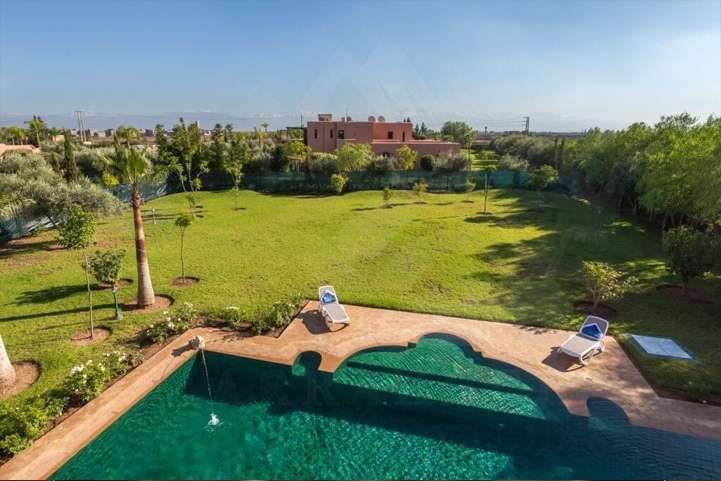 Piscina vista dall’alto, con un ampio prato, giovani palme e olivi e l’Atlante all’orizzonte